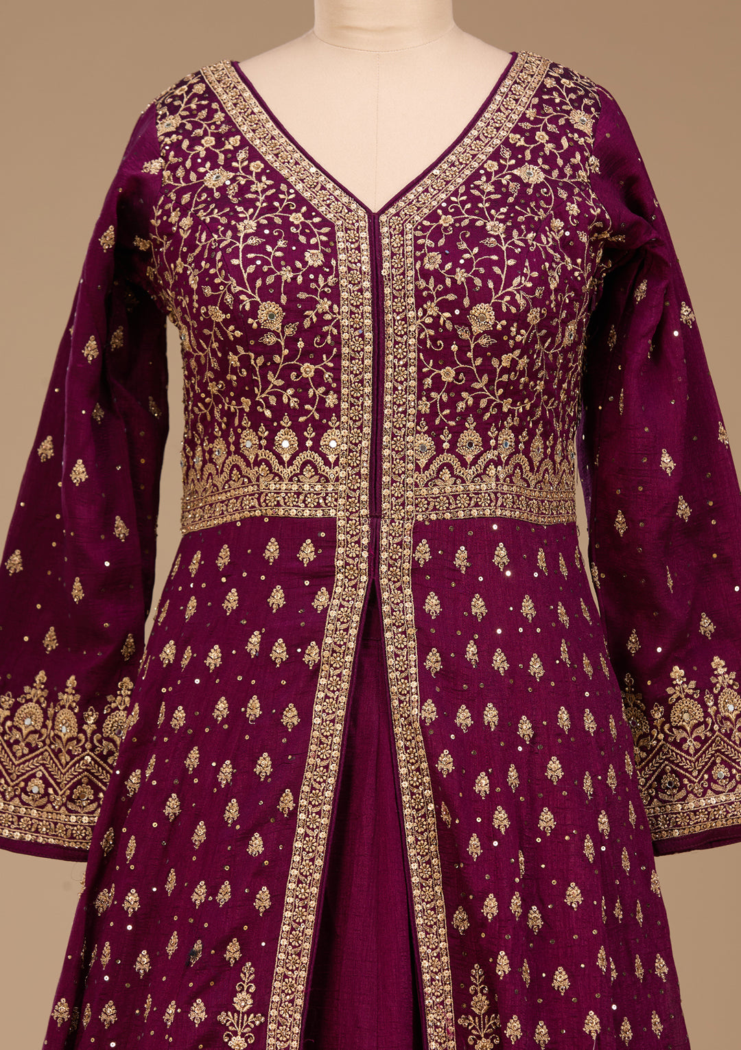 Gold Zardozi Wine Soft Raw Silk Stitched Lehenga Blouse With Dupatta