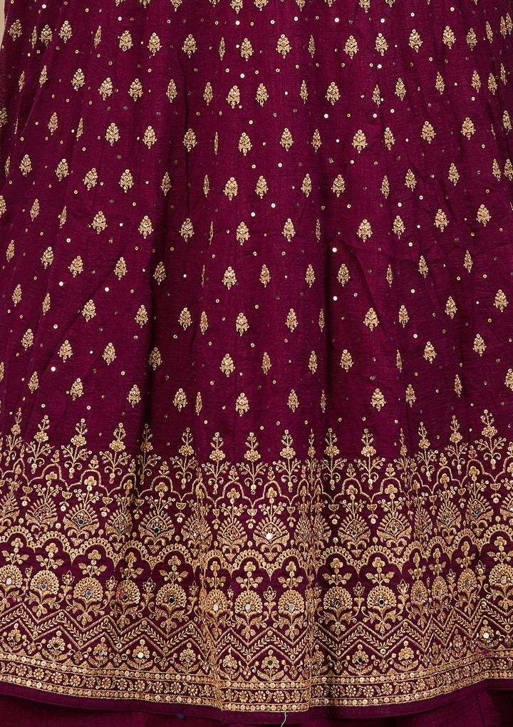 Gold Zardozi Wine Soft Raw Silk Stitched Lehenga Blouse With Dupatta
