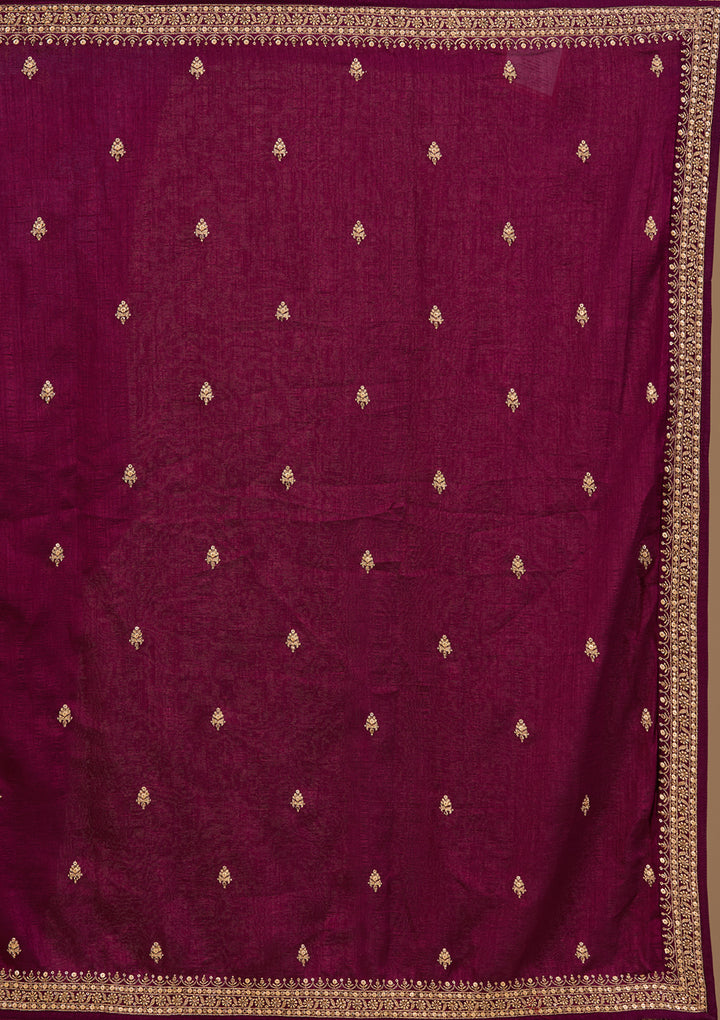 Gold Zardozi Wine Soft Raw Silk Stitched Lehenga Blouse With Dupatta