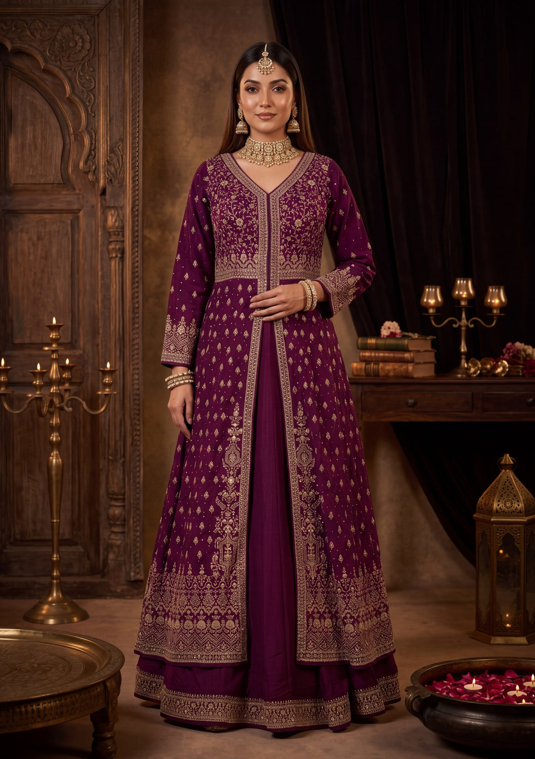 Gold Zardozi Wine Soft Raw Silk Stitched Lehenga Blouse With Dupatta