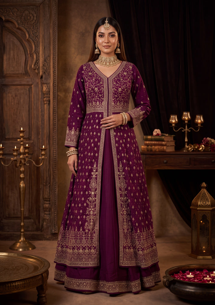 Gold Zardozi Wine Soft Raw Silk Stitched Lehenga Blouse With Dupatta