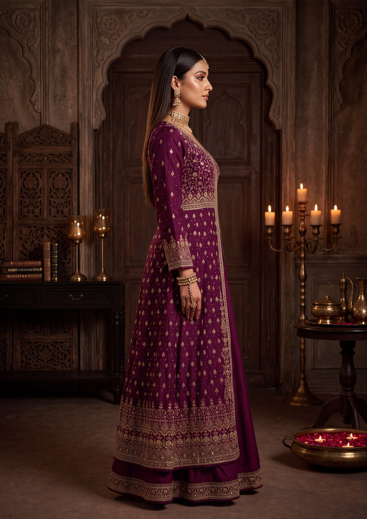 Gold Zardozi Wine Soft Raw Silk Stitched Lehenga Blouse With Dupatta