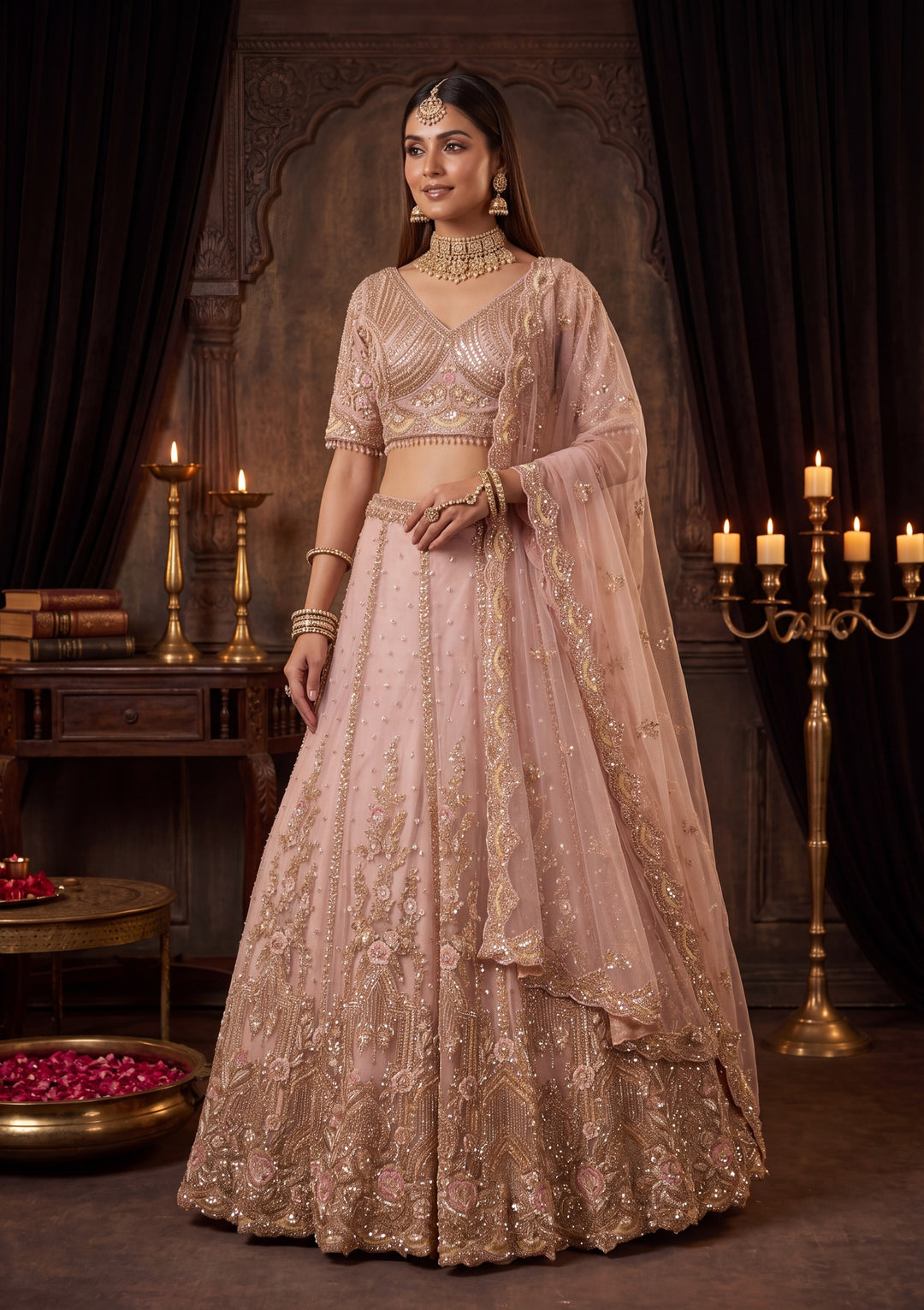 Cutdana Baby Pink Net Stitched Lehenga Blouse With Dupatta