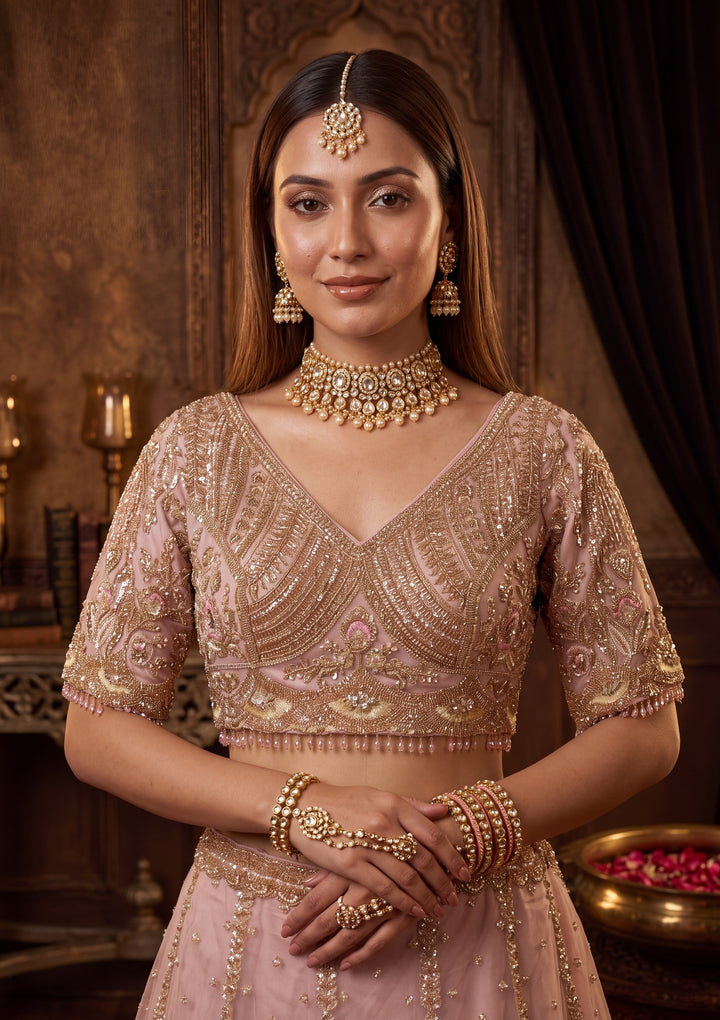 Cutdana Baby Pink Net Stitched Lehenga Blouse With Dupatta
