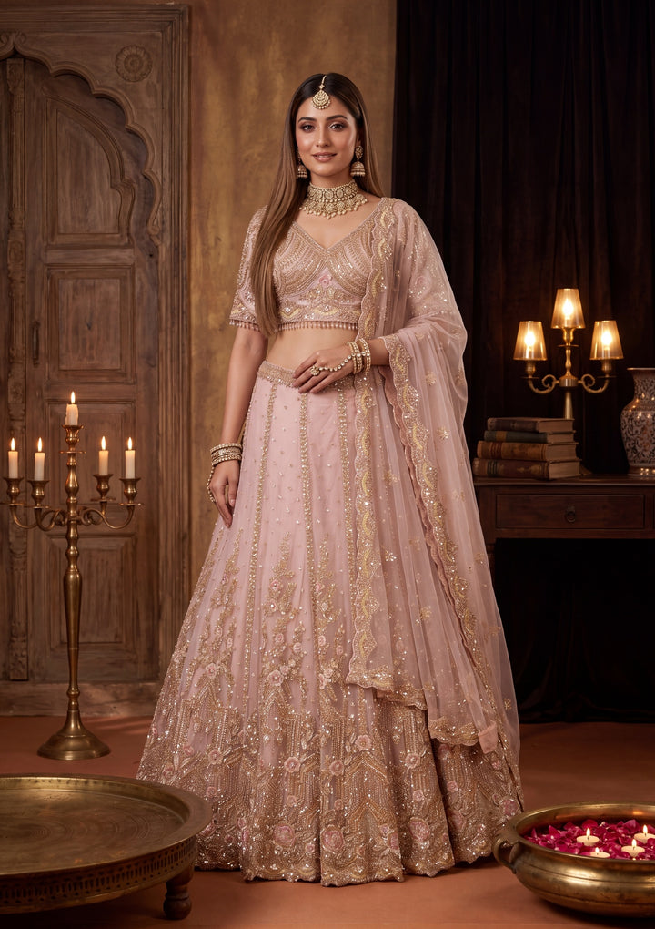 Cutdana Baby Pink Net Stitched Lehenga Blouse With Dupatta