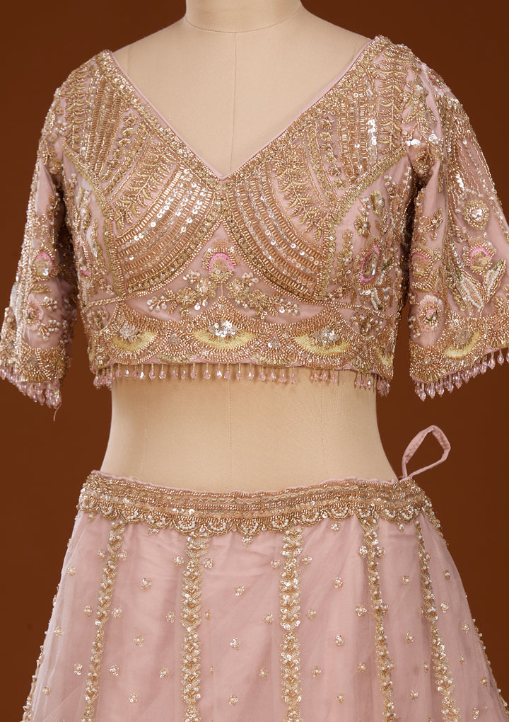 Cutdana Baby Pink Net Stitched Lehenga Blouse With Dupatta