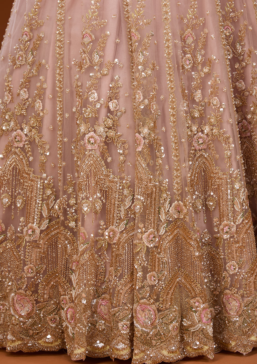 Cutdana Baby Pink Net Stitched Lehenga Blouse With Dupatta