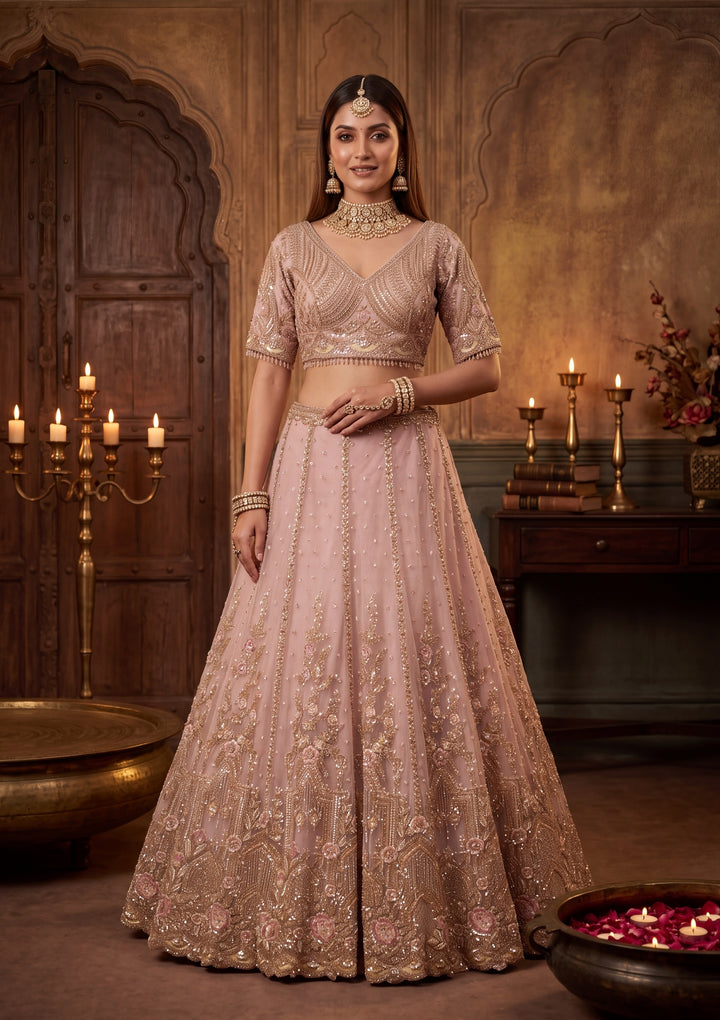 Cutdana Baby Pink Net Stitched Lehenga Blouse With Dupatta