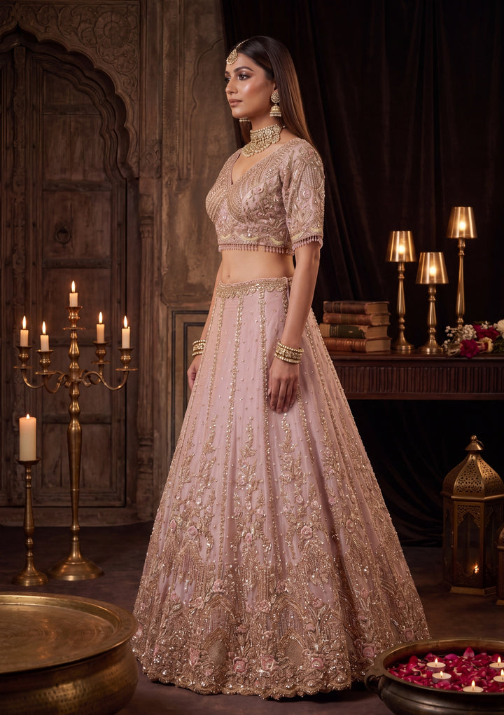 Cutdana Baby Pink Net Stitched Lehenga Blouse With Dupatta
