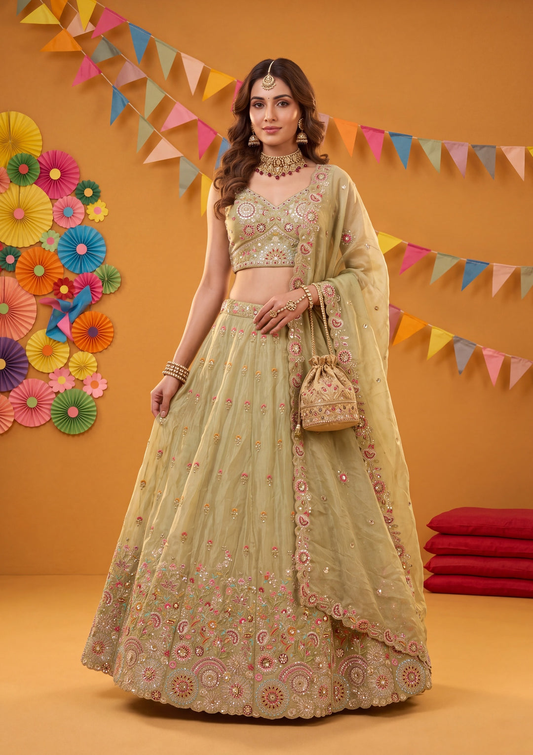 Threadwork Pista Green Crepe Stitched Lehenga Blouse With Dupatta