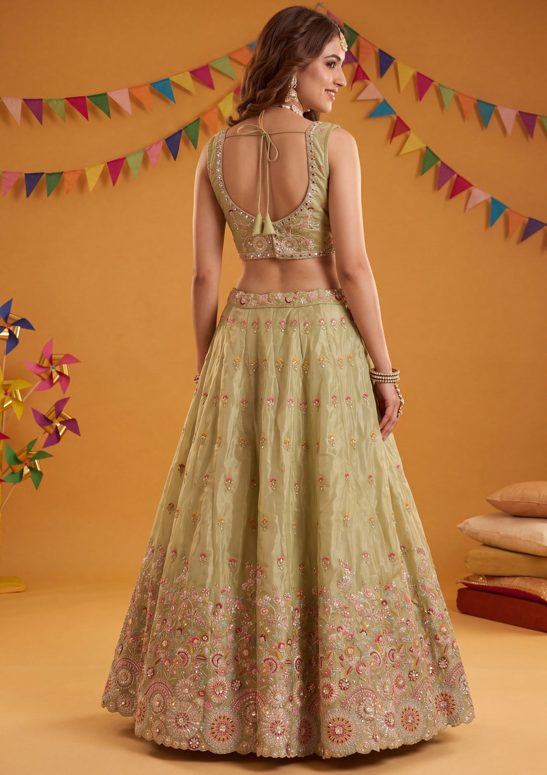 Threadwork Pista Green Crepe Stitched Lehenga Blouse With Dupatta