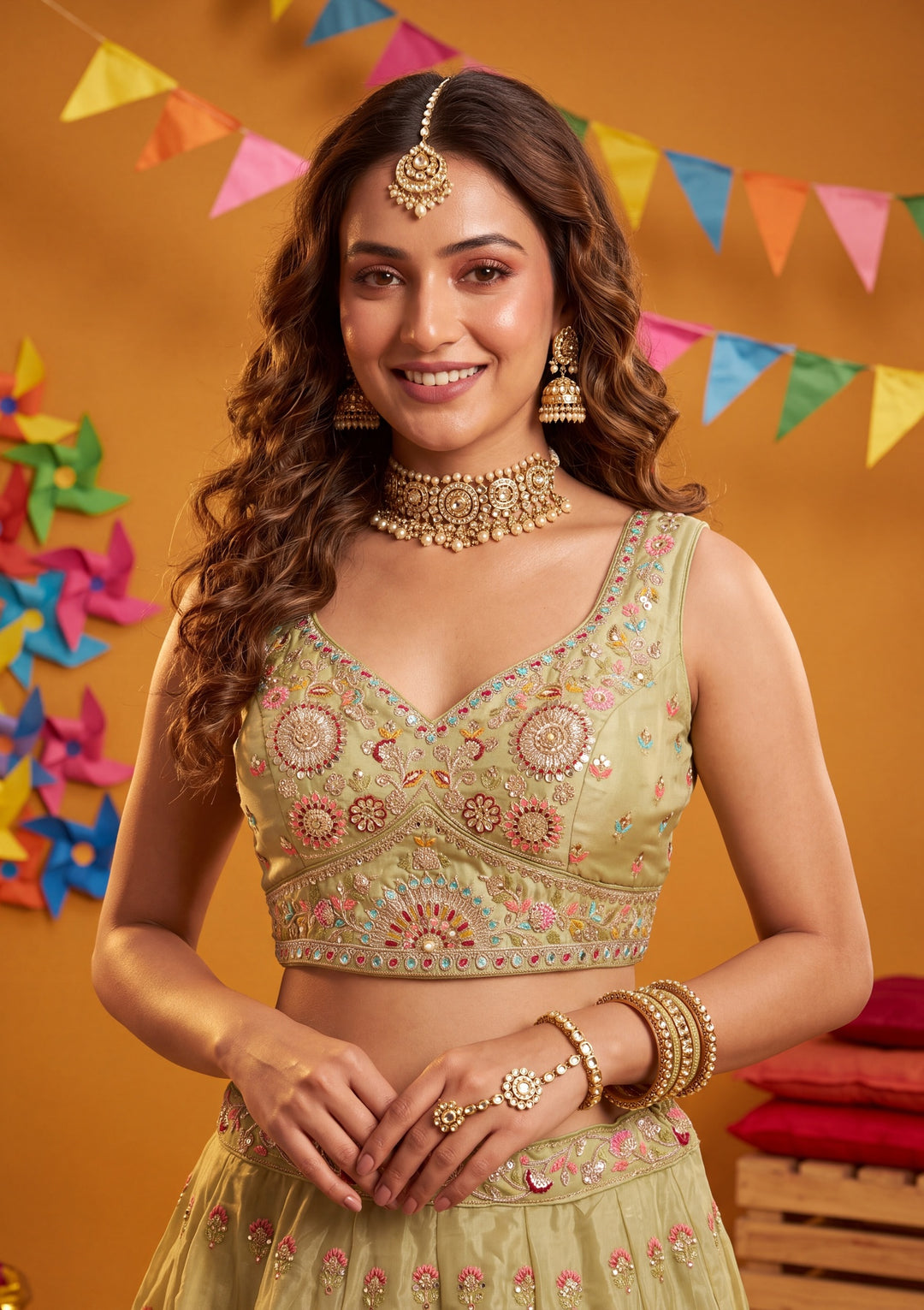 Threadwork Pista Green Crepe Stitched Lehenga Blouse With Dupatta