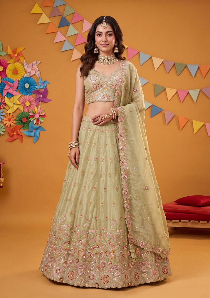 Threadwork Pista Green Crepe Stitched Lehenga Blouse With Dupatta