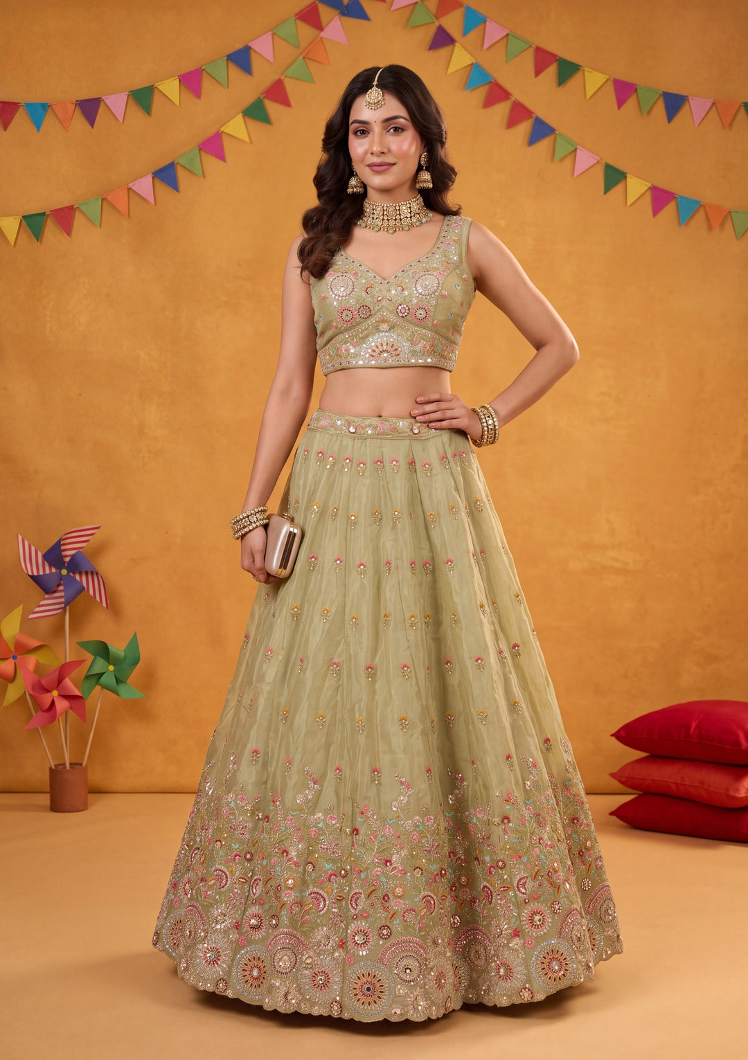 Threadwork Pista Green Crepe Stitched Lehenga Blouse With Dupatta