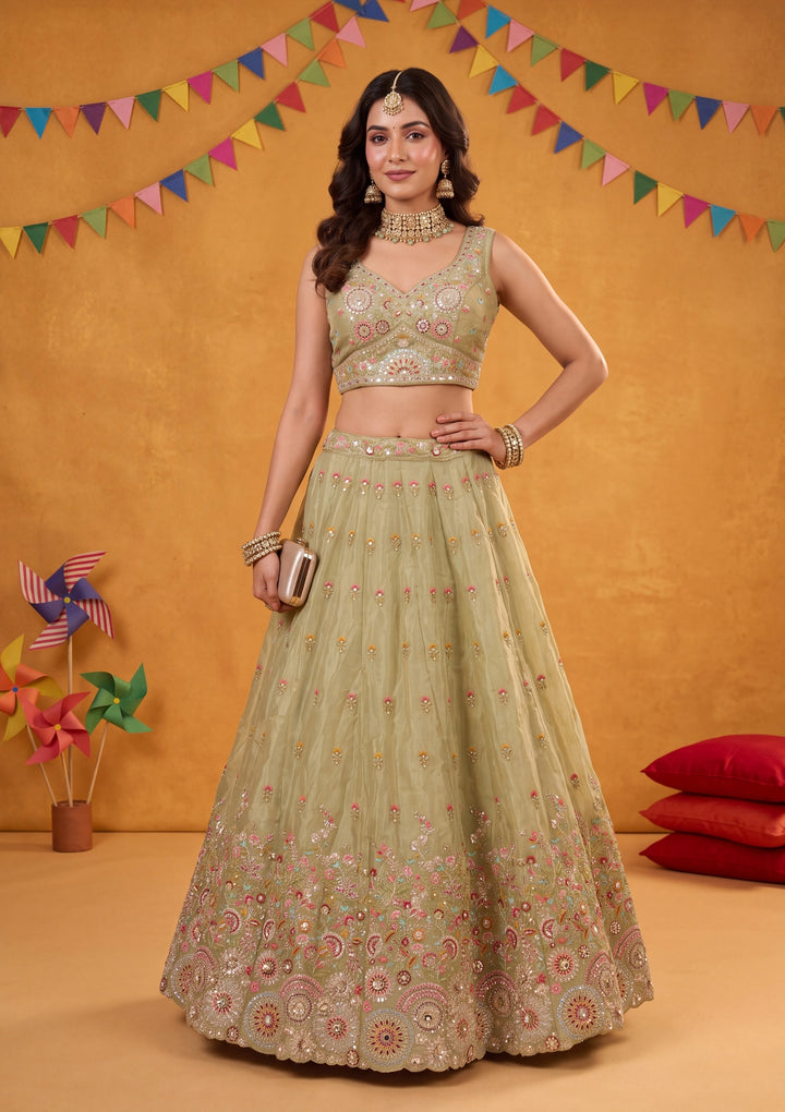 Threadwork Pista Green Crepe Stitched Lehenga Blouse With Dupatta