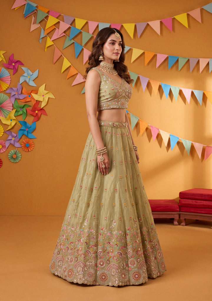 Threadwork Pista Green Crepe Stitched Lehenga Blouse With Dupatta