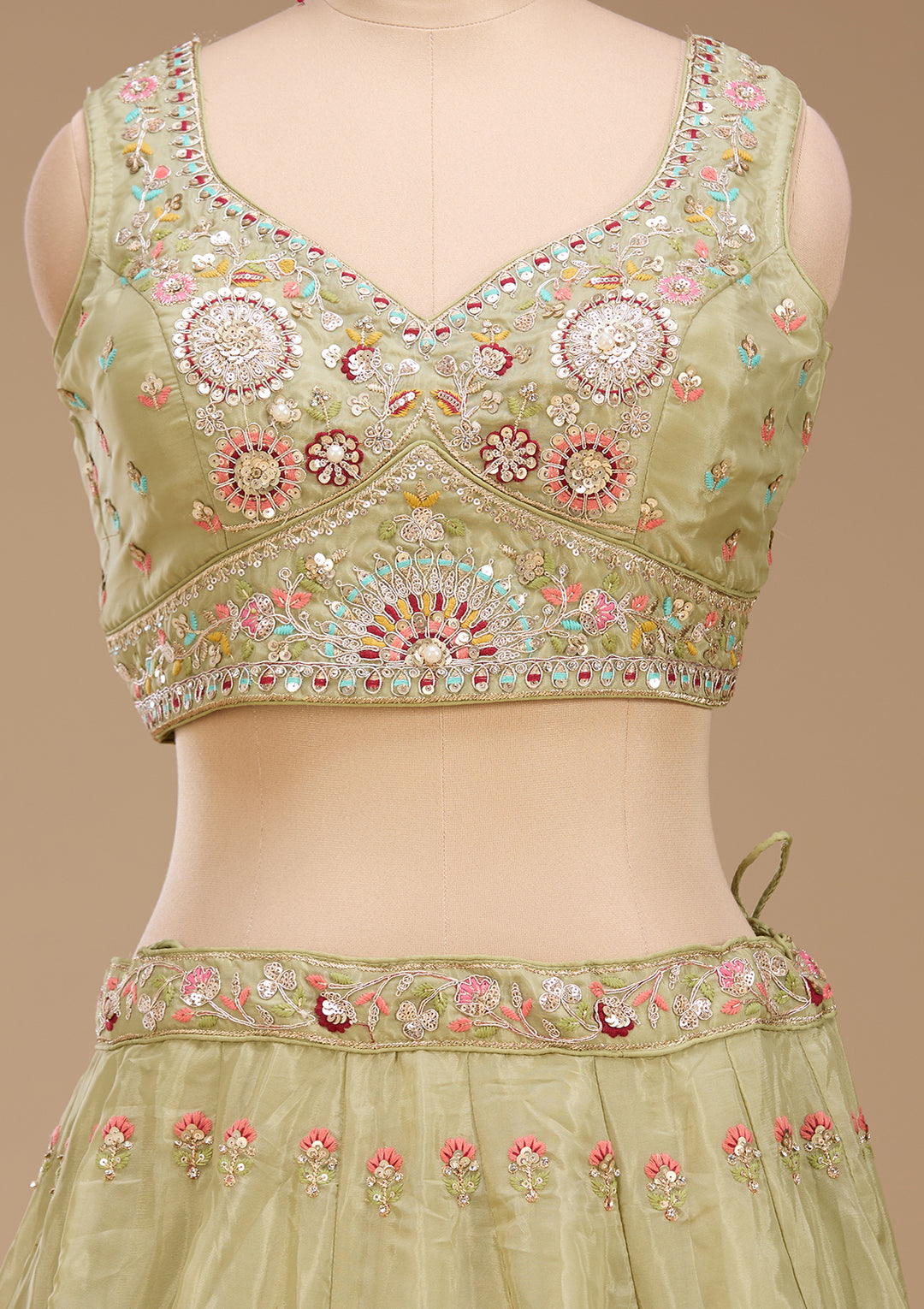 Threadwork Pista Green Crepe Stitched Lehenga Blouse With Dupatta