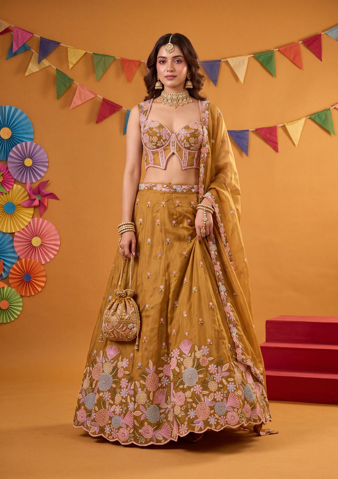 Threadwork Mustard Yellow Tissue Stitched Lehenga Blouse With Dupatta