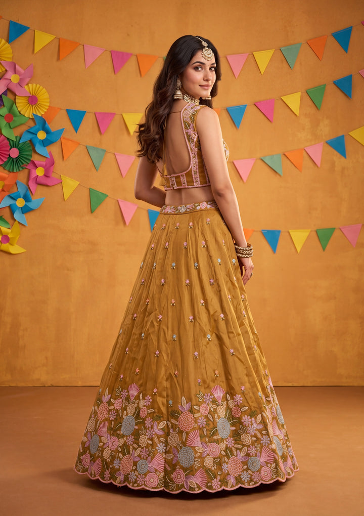 Threadwork Mustard Yellow Tissue Stitched Lehenga Blouse With Dupatta