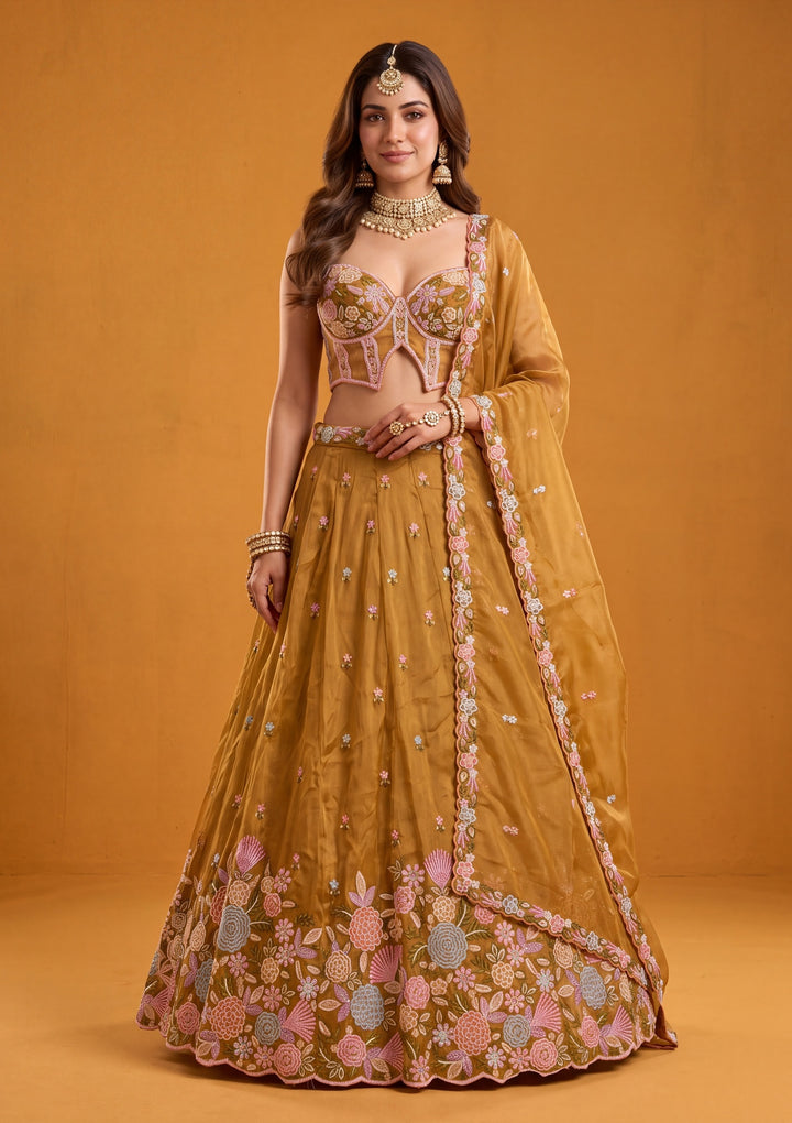 Threadwork Mustard Yellow Tissue Stitched Lehenga Blouse With Dupatta