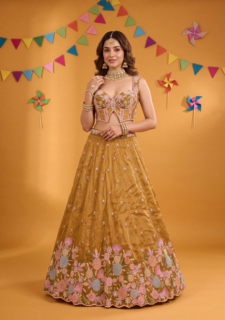 Threadwork Mustard Yellow Tissue Stitched Lehenga Blouse With Dupatta