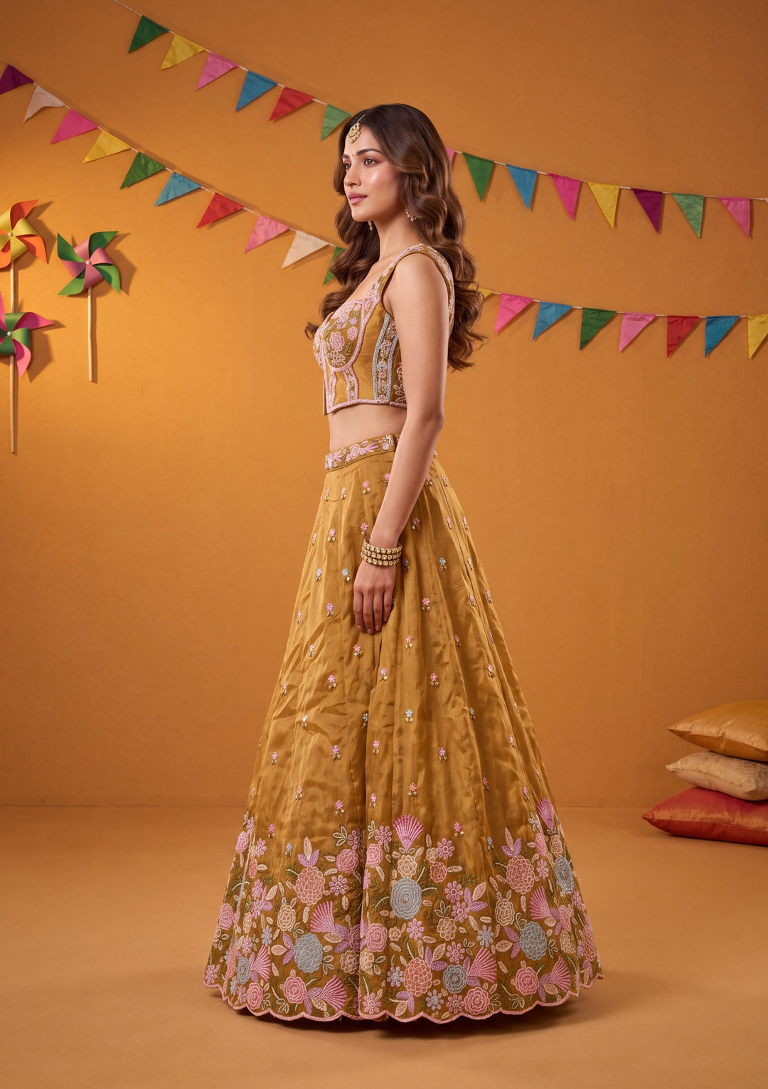 Threadwork Mustard Yellow Tissue Stitched Lehenga Blouse With Dupatta