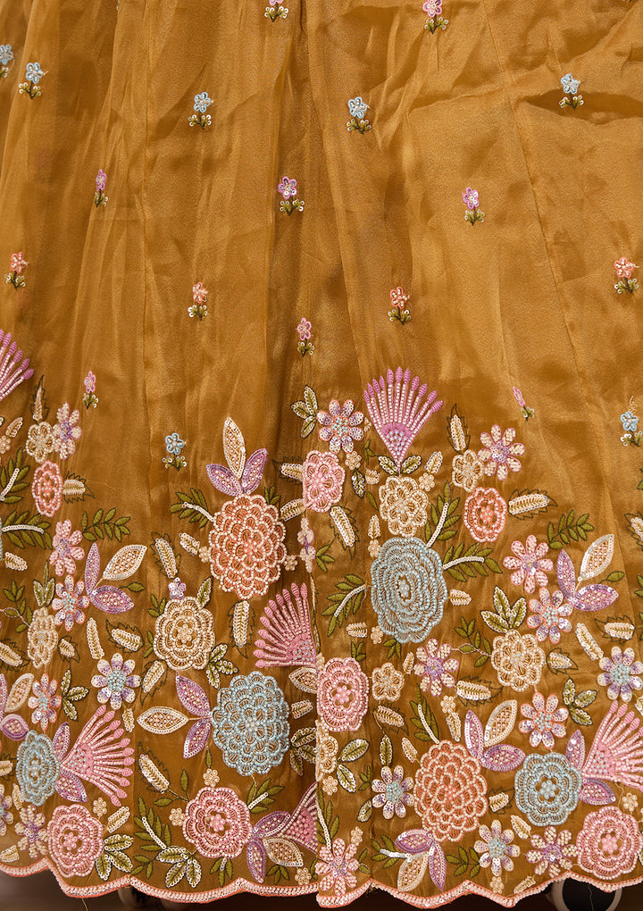 Threadwork Mustard Yellow Tissue Stitched Lehenga Blouse With Dupatta