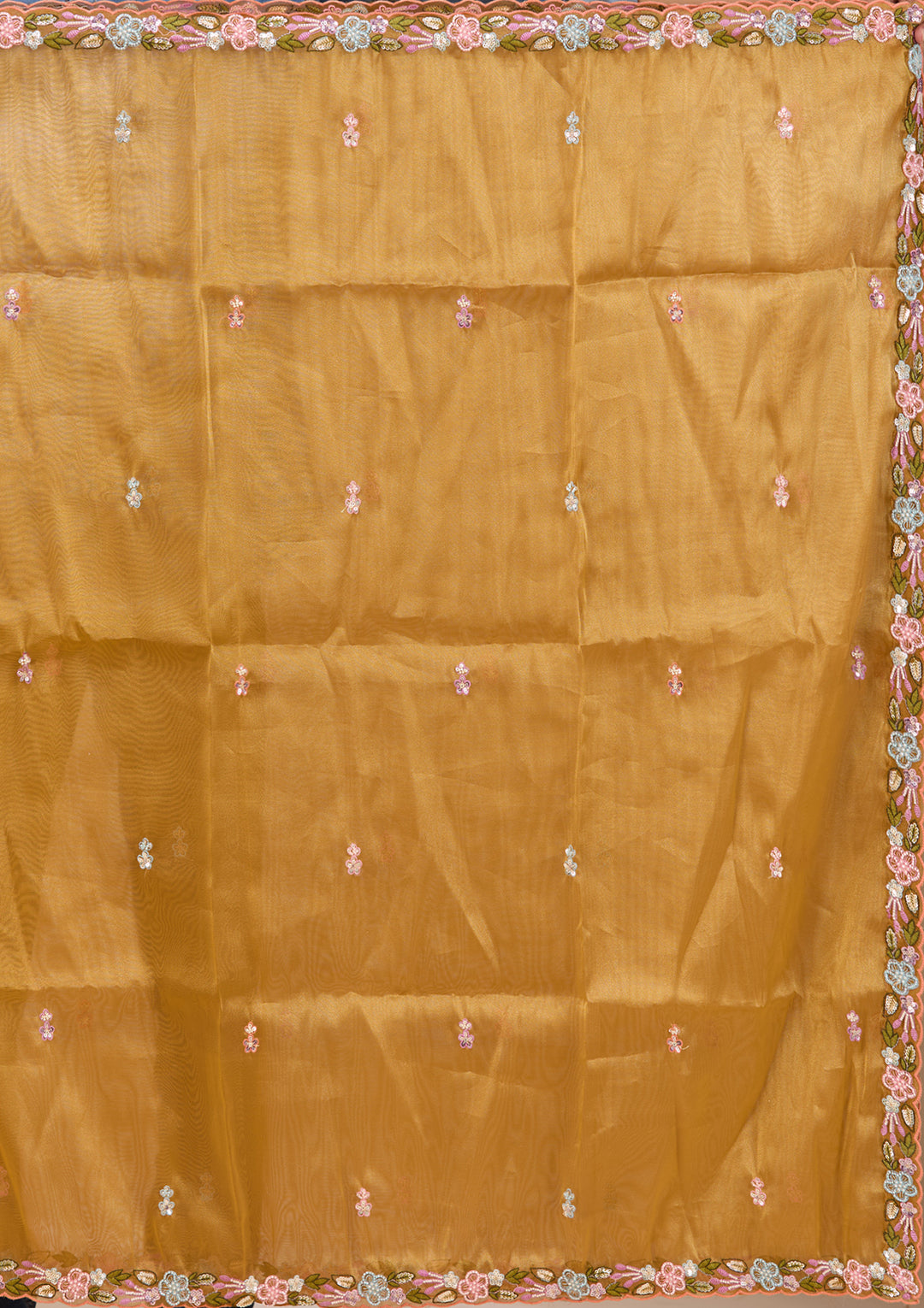 Threadwork Mustard Yellow Tissue Stitched Lehenga Blouse With Dupatta