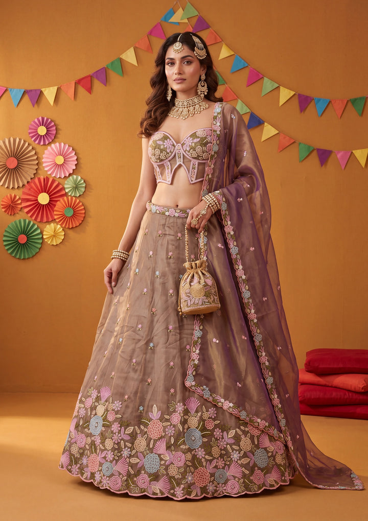 Threadwork Purple Tissue Stitched Lehenga Blouse With Dupatta