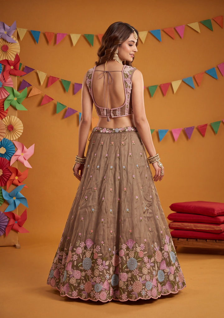 Threadwork Purple Tissue Stitched Lehenga Blouse With Dupatta