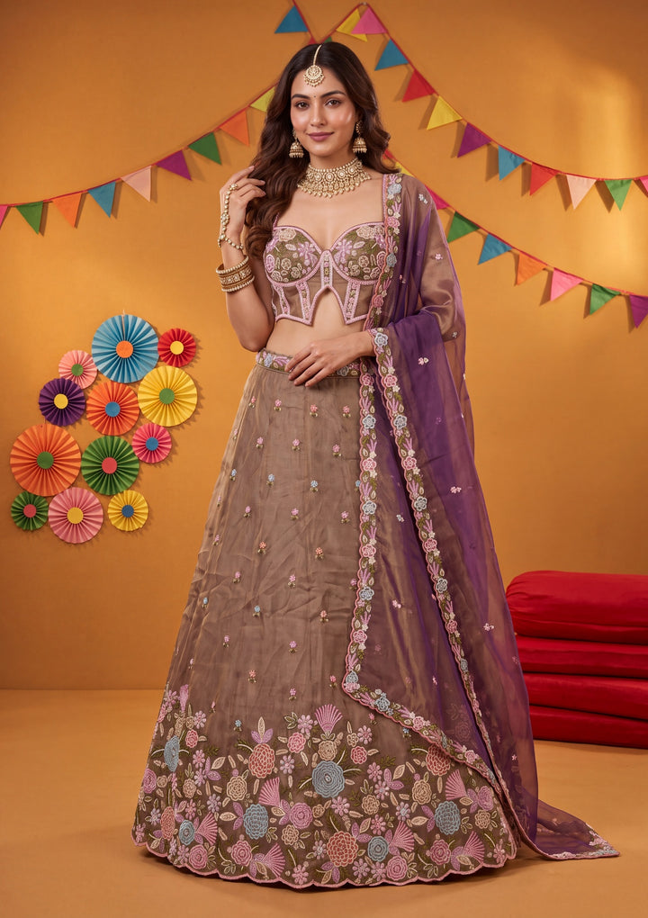 Threadwork Purple Tissue Stitched Lehenga Blouse With Dupatta