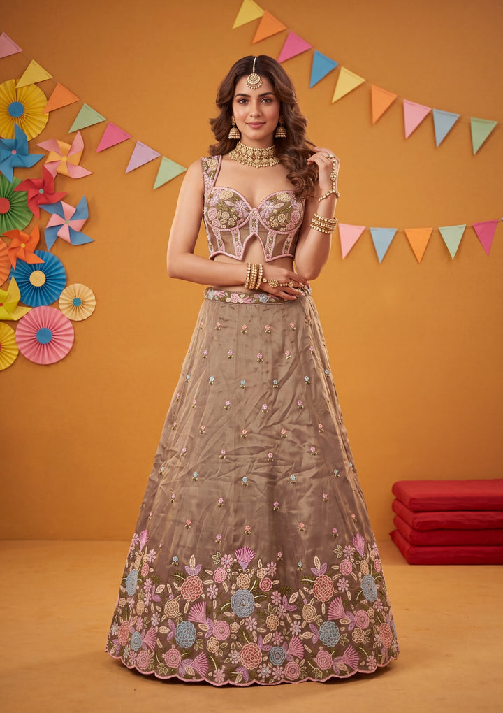 Threadwork Purple Tissue Stitched Lehenga Blouse With Dupatta