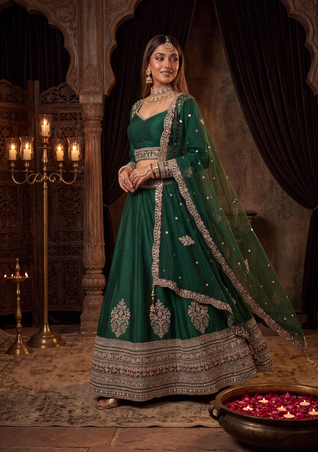 Sequins Bottle Green Raw Silk Stitched Lehenga Blouse With Dupatta
