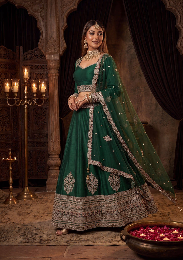 Sequins Bottle Green Raw Silk Stitched Lehenga Blouse With Dupatta