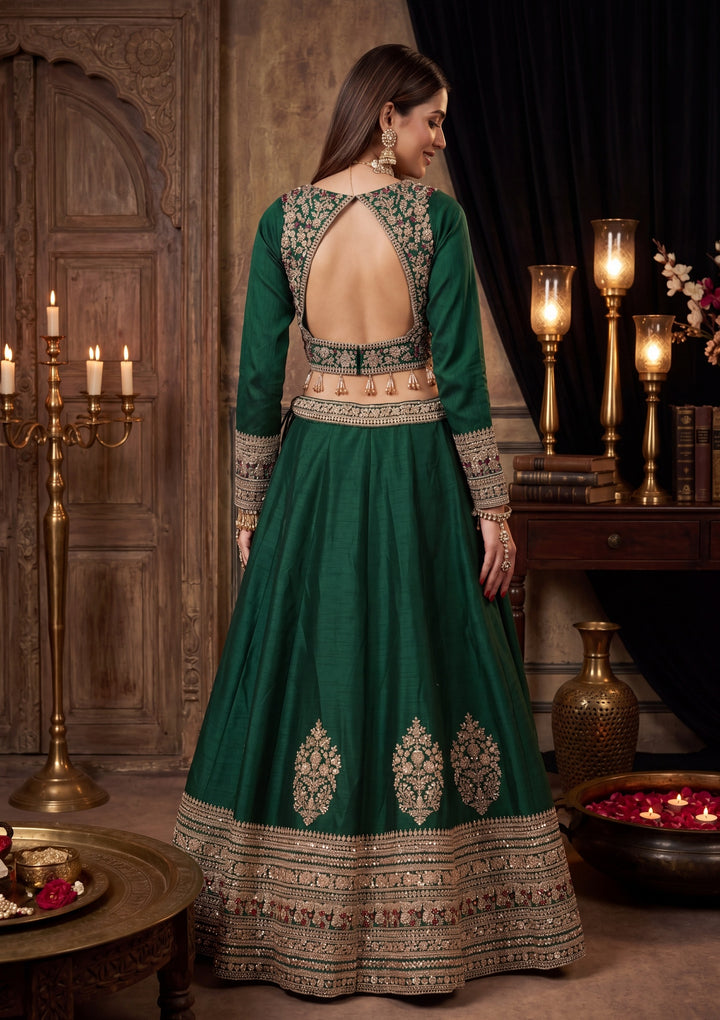 Sequins Bottle Green Raw Silk Stitched Lehenga Blouse With Dupatta