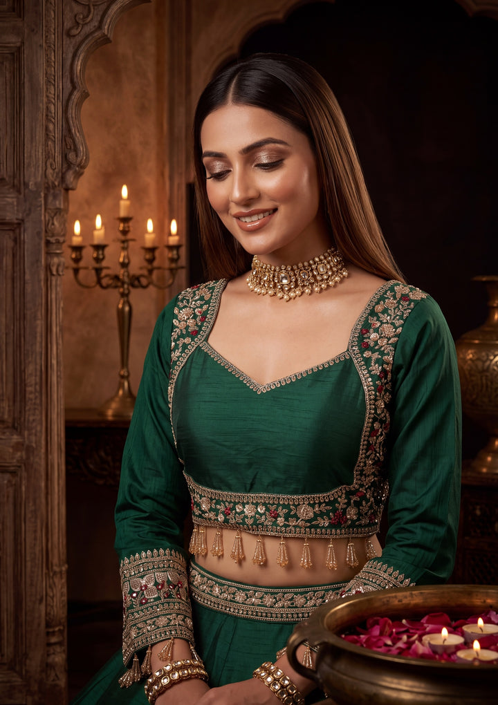 Sequins Bottle Green Raw Silk Stitched Lehenga Blouse With Dupatta