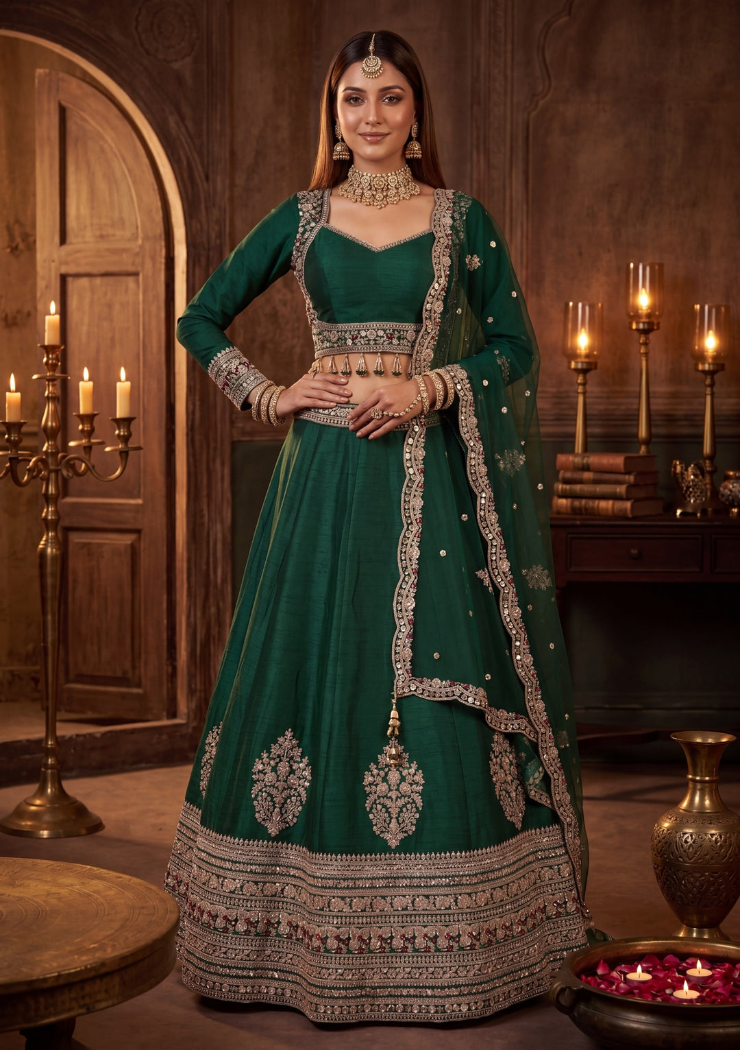 Sequins Bottle Green Raw Silk Stitched Lehenga Blouse With Dupatta