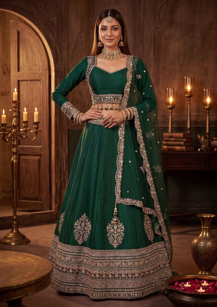 Sequins Bottle Green Raw Silk Stitched Lehenga Blouse With Dupatta