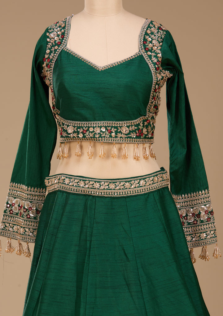 Sequins Bottle Green Raw Silk Stitched Lehenga Blouse With Dupatta