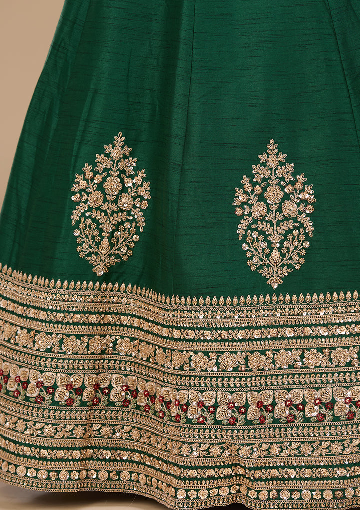Sequins Bottle Green Raw Silk Stitched Lehenga Blouse With Dupatta