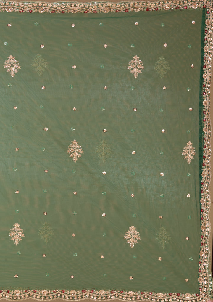 Sequins Bottle Green Raw Silk Stitched Lehenga Blouse With Dupatta