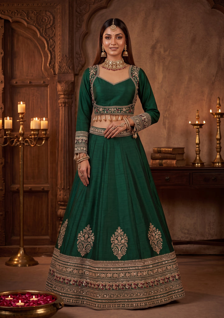 Sequins Bottle Green Raw Silk Stitched Lehenga Blouse With Dupatta