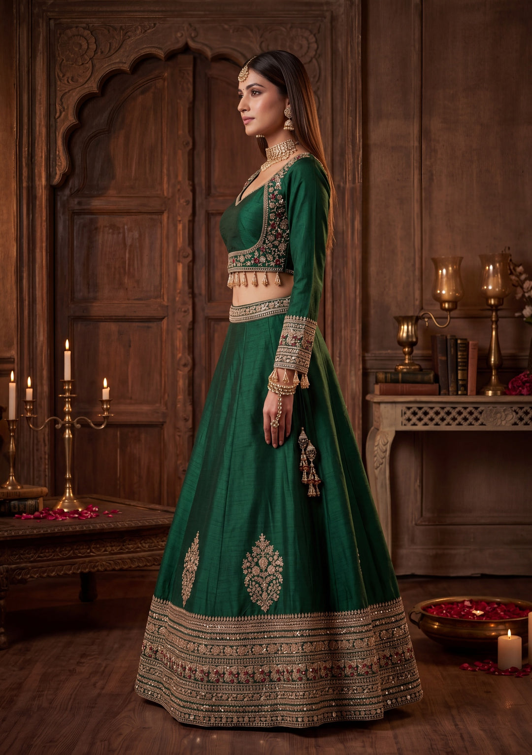 Sequins Bottle Green Raw Silk Stitched Lehenga Blouse With Dupatta