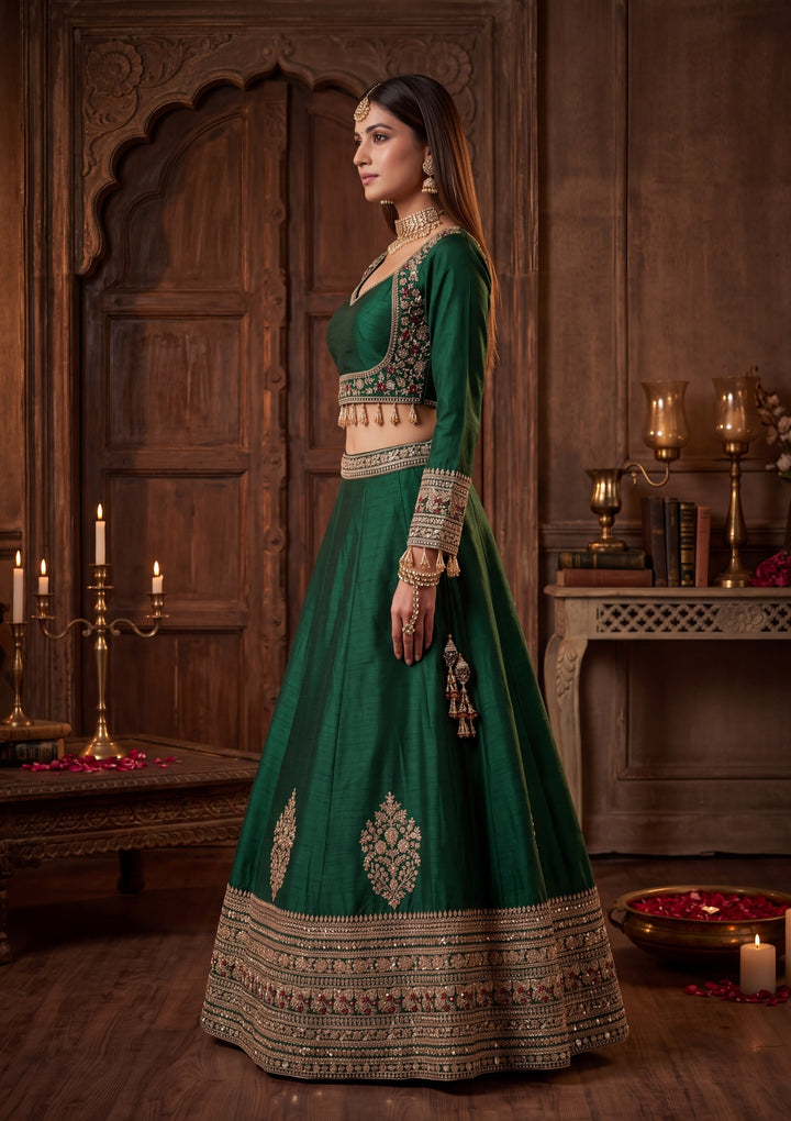 Sequins Bottle Green Raw Silk Stitched Lehenga Blouse With Dupatta