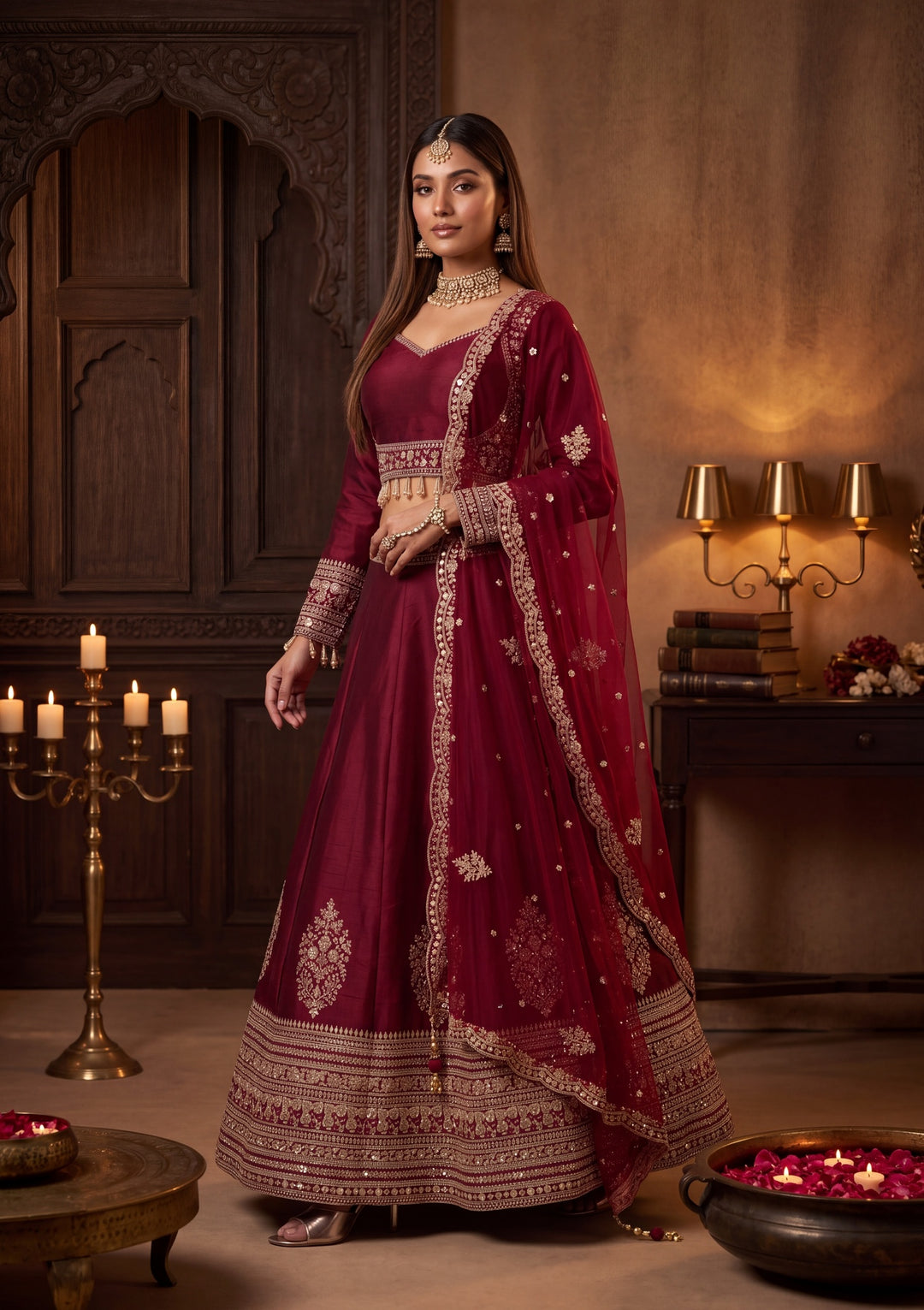 Sequins Maroon Raw Silk Stitched Lehenga Blouse With Dupatta