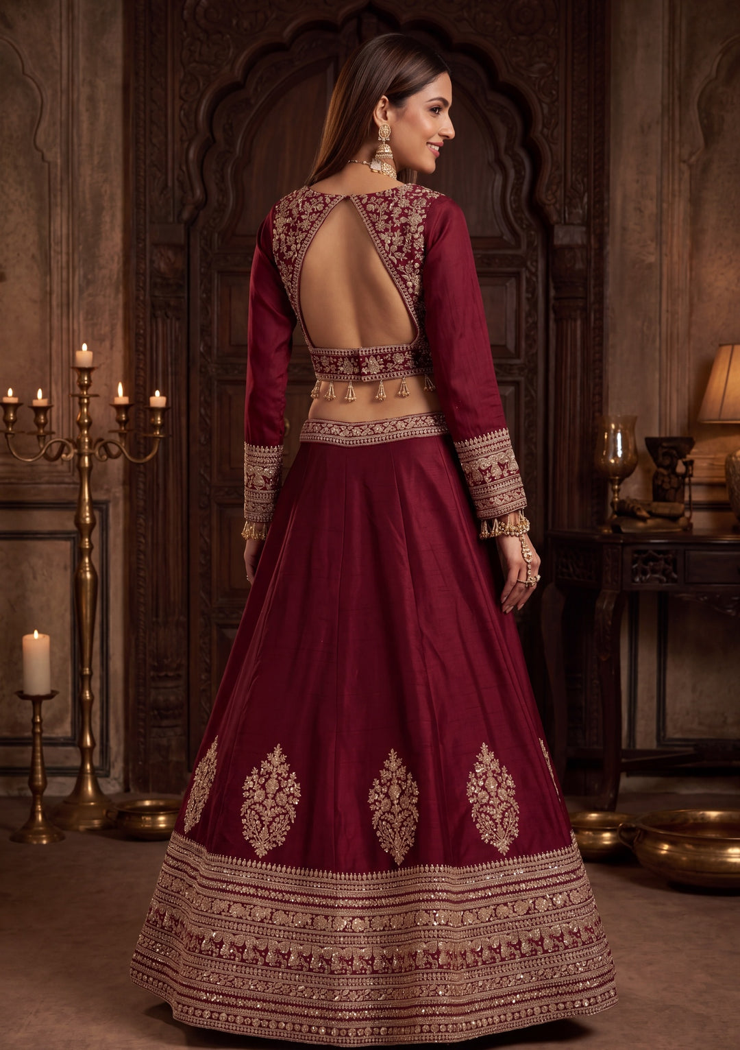 Sequins Maroon Raw Silk Stitched Lehenga Blouse With Dupatta