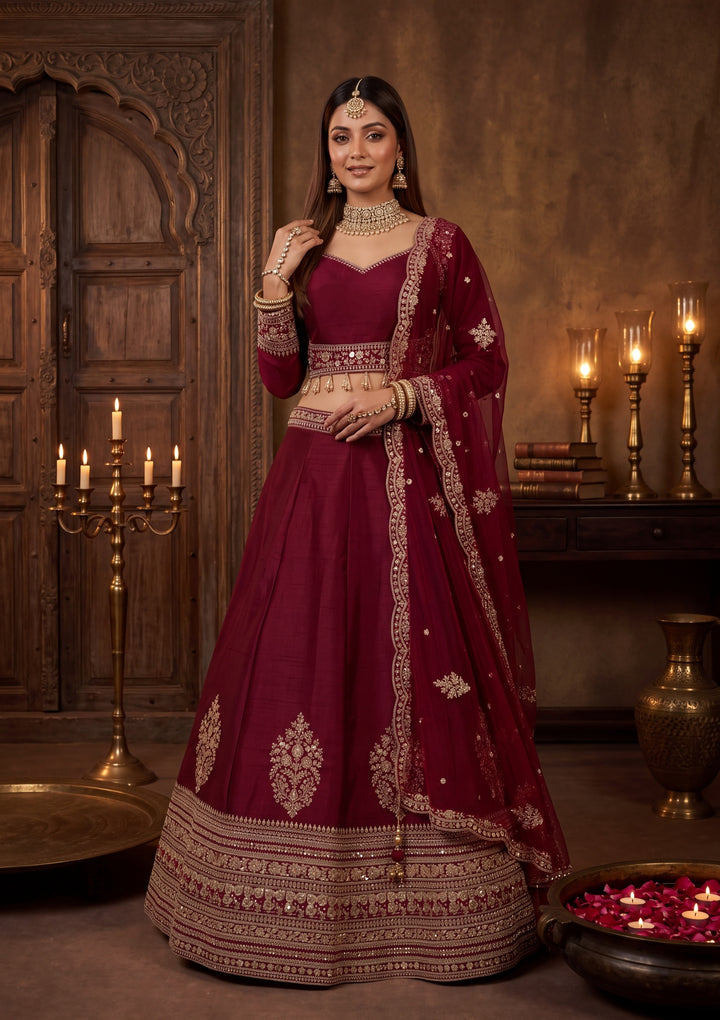 Sequins Maroon Raw Silk Stitched Lehenga Blouse With Dupatta