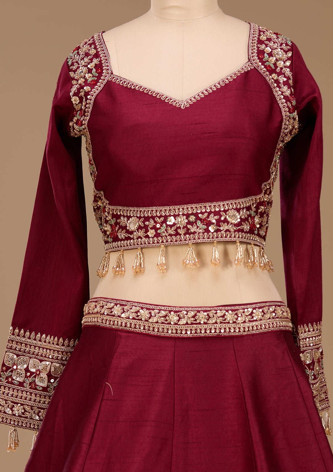 Sequins Maroon Raw Silk Stitched Lehenga Blouse With Dupatta