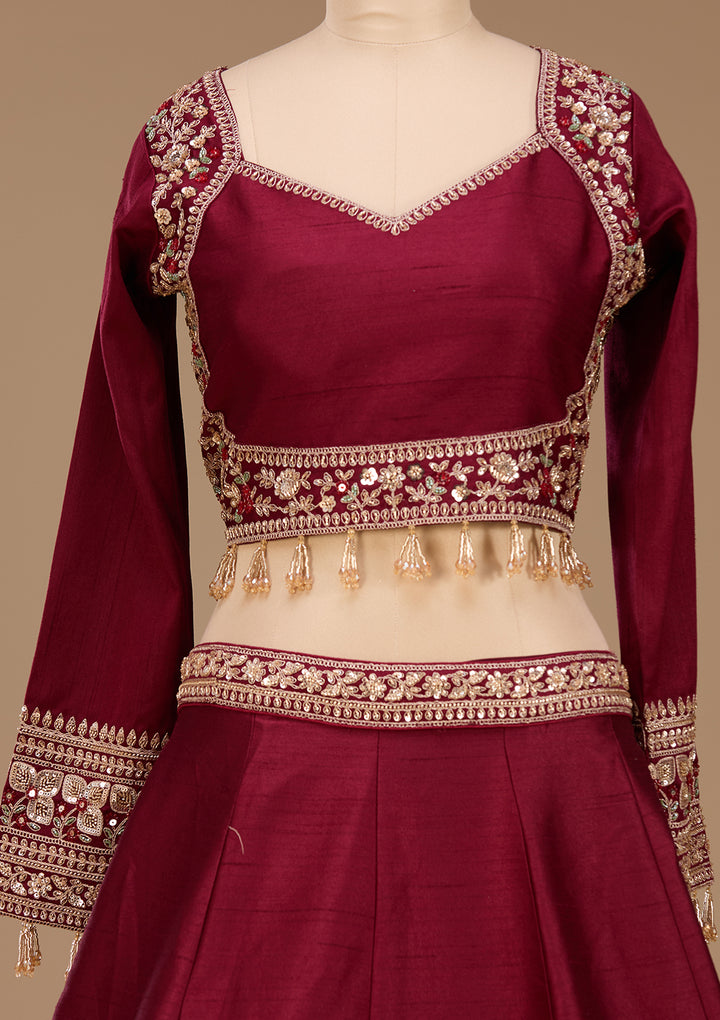 Sequins Maroon Raw Silk Stitched Lehenga Blouse With Dupatta