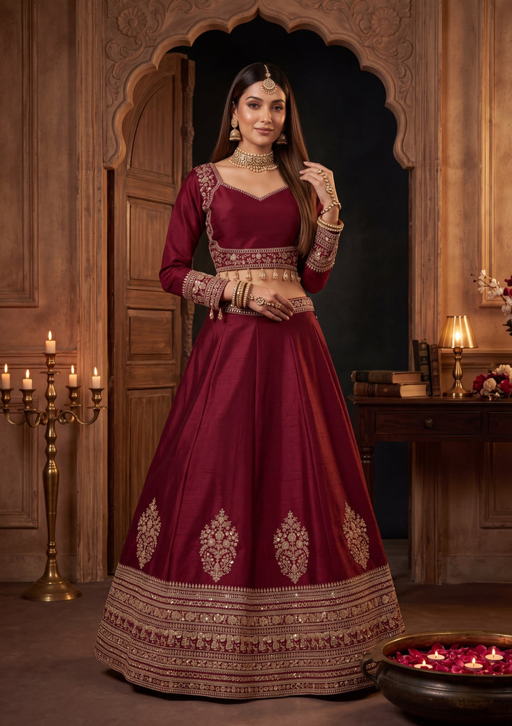 Sequins Maroon Raw Silk Stitched Lehenga Blouse With Dupatta